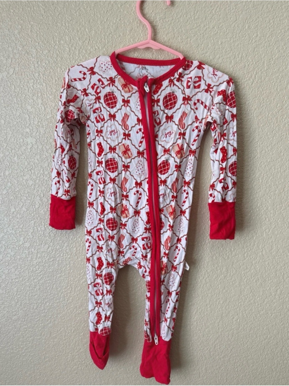 Bamboo Red & White Holiday Print Kids Footed One-Piece